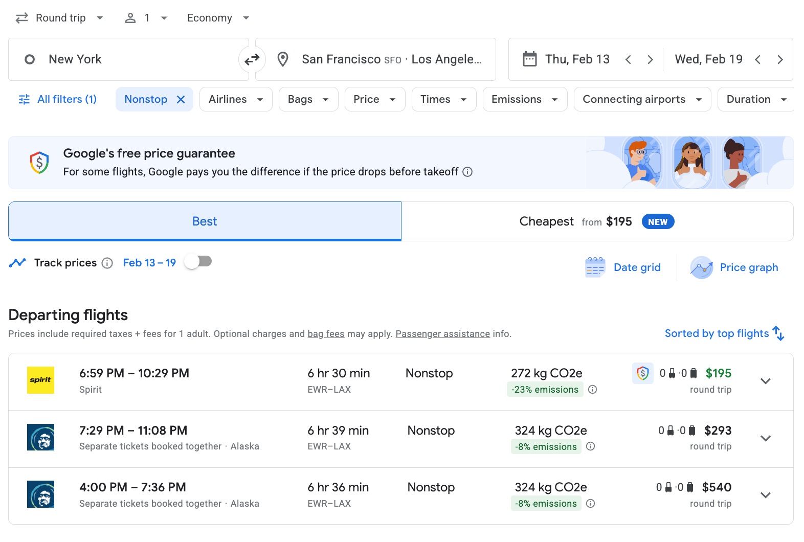 google flights screenshot of fares from newark to las angeles