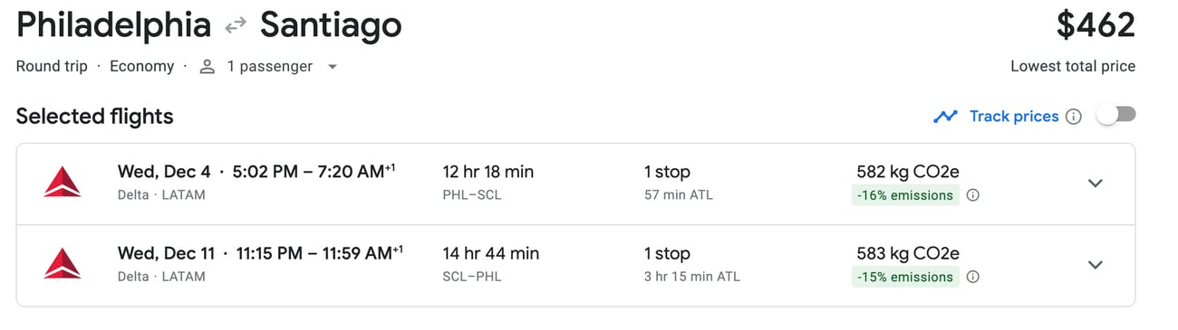 Philadelphia to Santiago, Chile Google Flights search