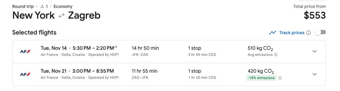 Example of a flight from New York to Croatia