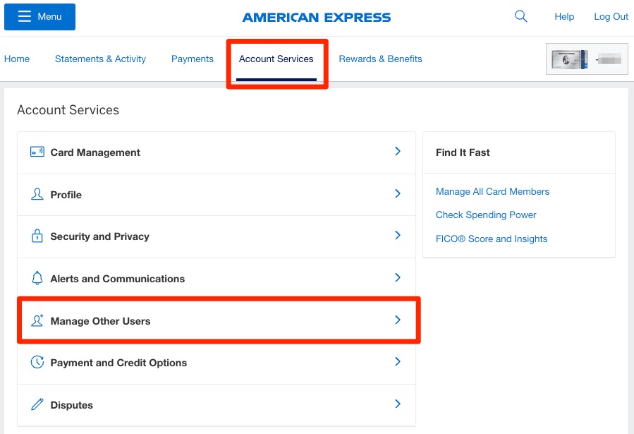 Amex Account Services screenshot