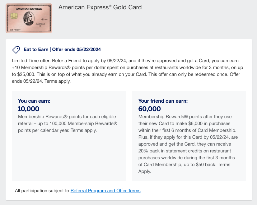 Amex Gold Referral Offer