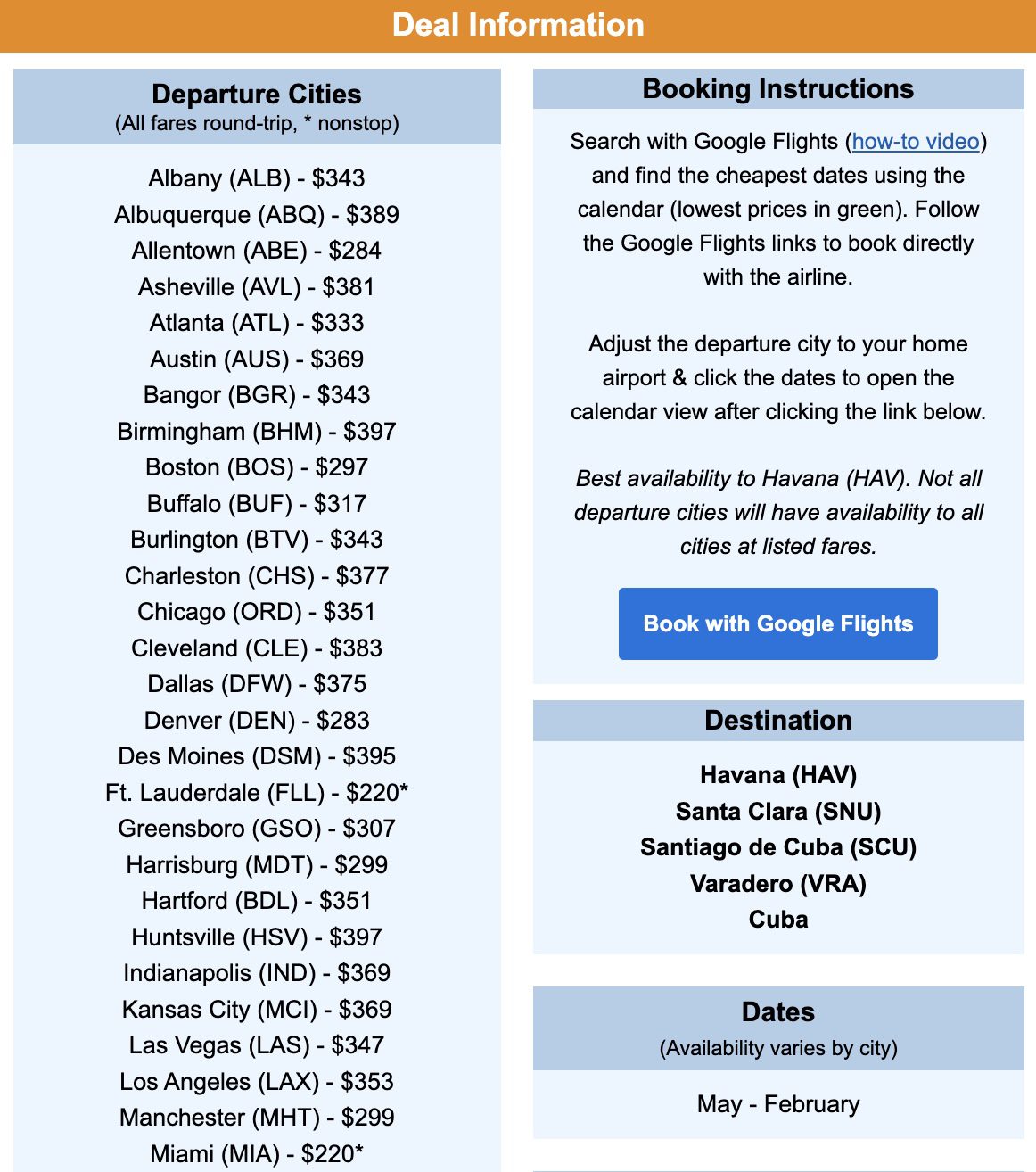 Cuba flight deal fares