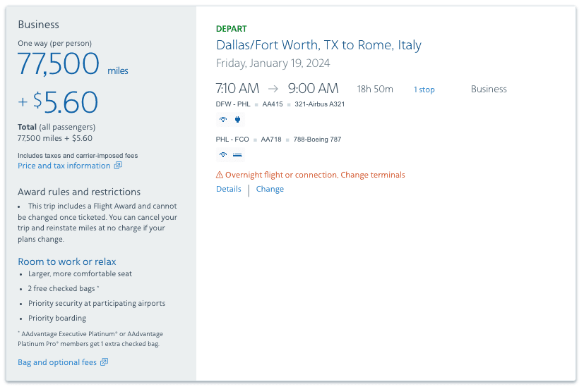 dfw-fco one-way business class on american airlines