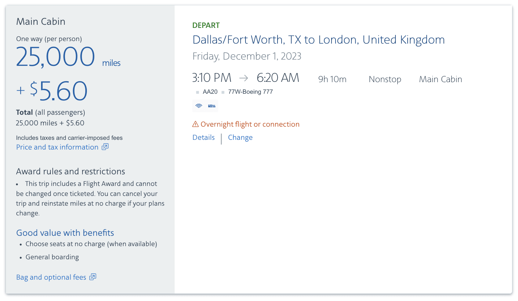 dfw-lhr american airlines economy award