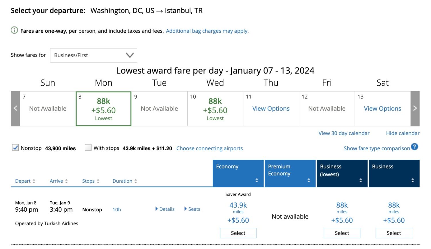 turkish business class redemption