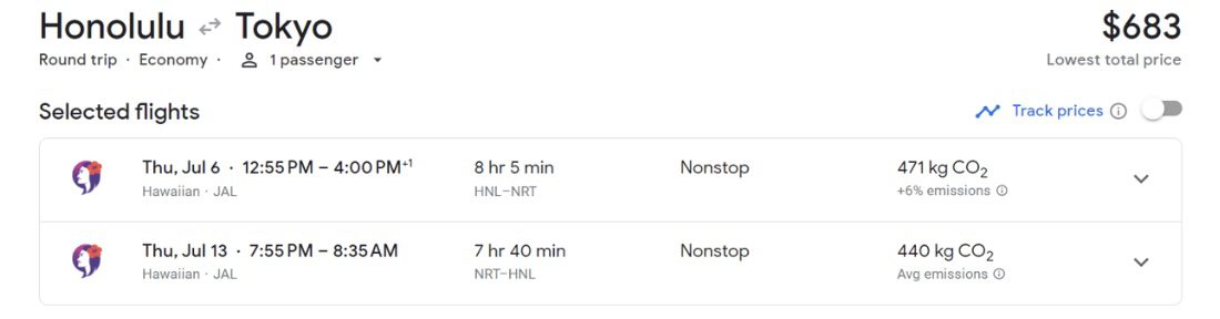 Honolulu to Tokyo fare