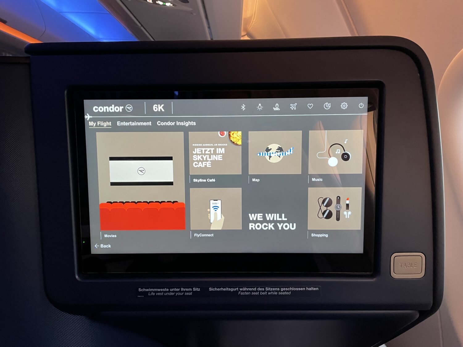 condor my flight, entertainment and condor insight options on a tv monitor