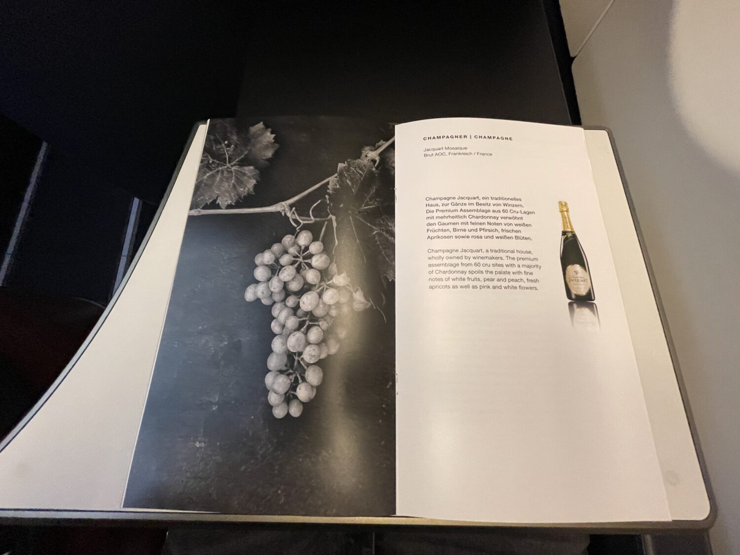 list of champagnes on the condor airline business class menu 