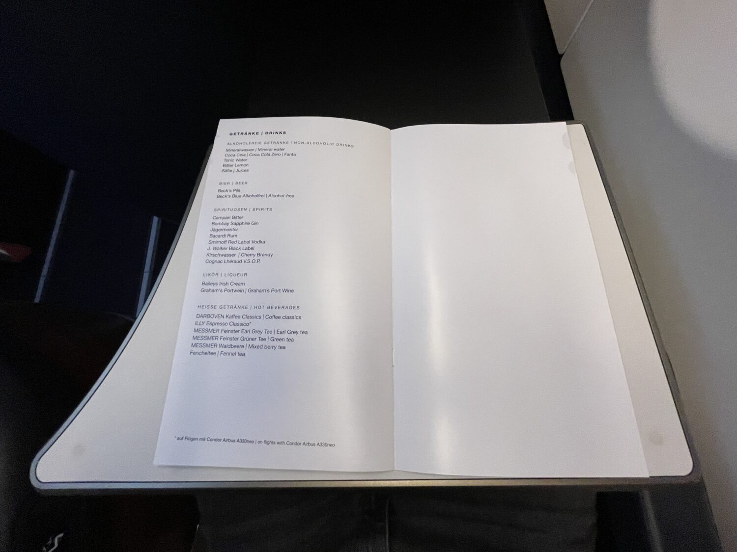 list of drinks on condor airlines business class 