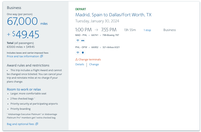 mad-dfw one-way business award on american airlines