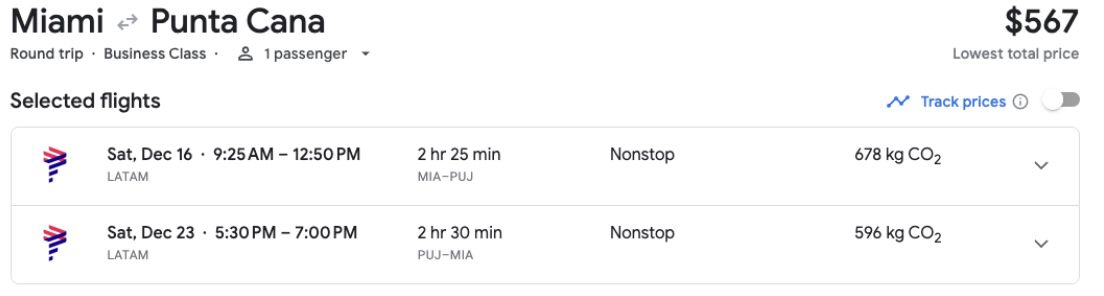 MIA to Punta Cana lie-flat fare