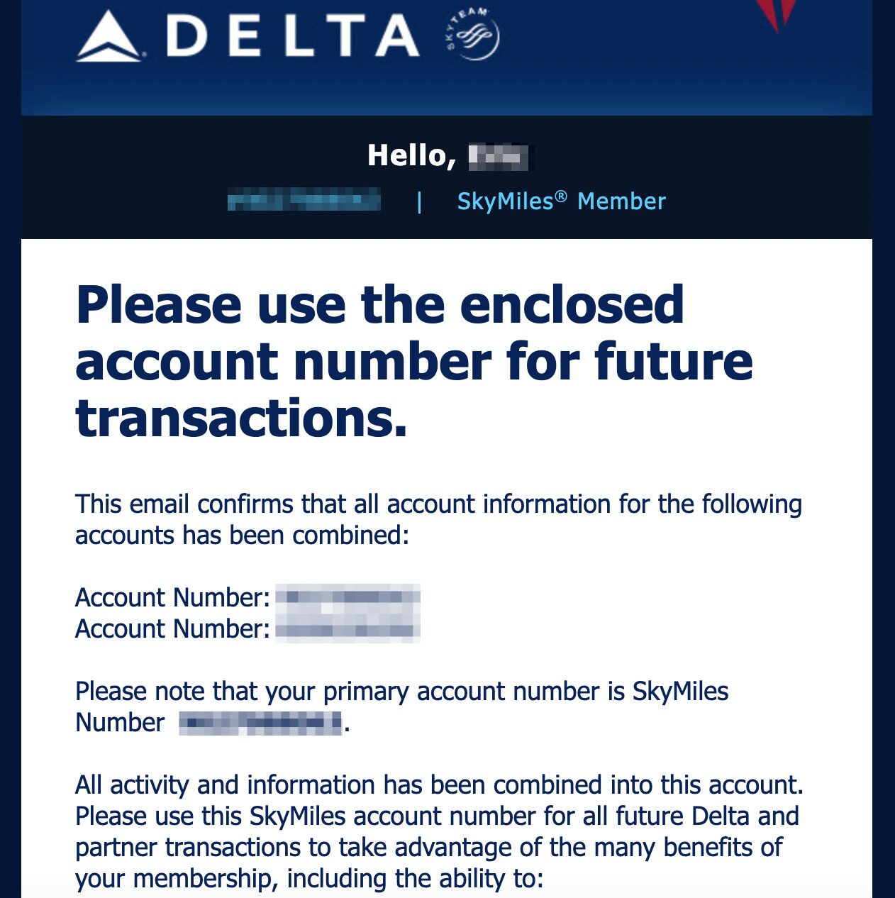 Delta email confirming your SkyMiles accounts have been combined and your primary SkyMiles account number. 