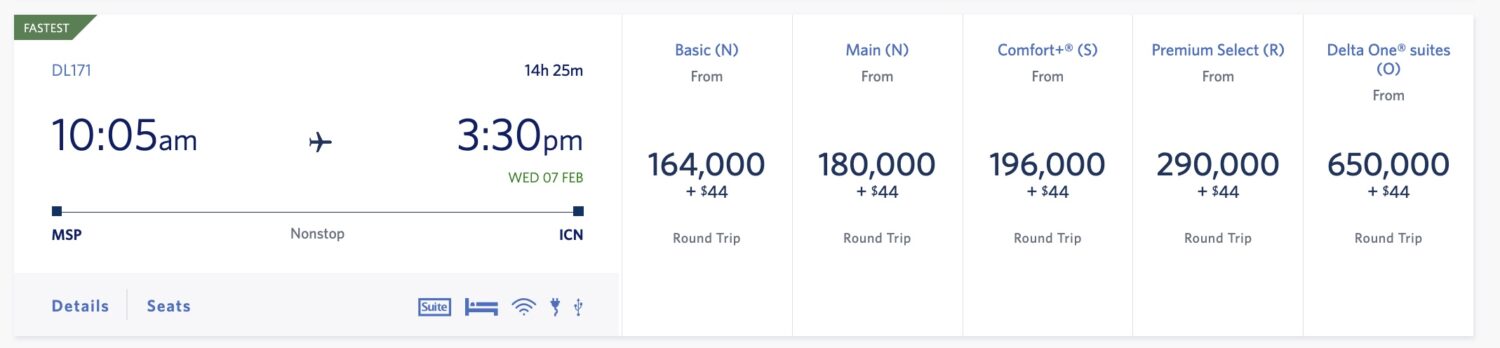 MSP ICN Delta SkyMiles rates