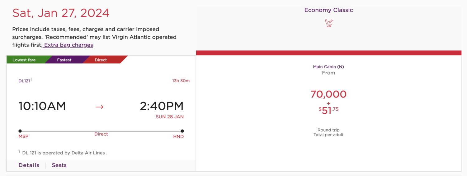 Minneapolis to Tokyo Virgin Atlantic FLying Club