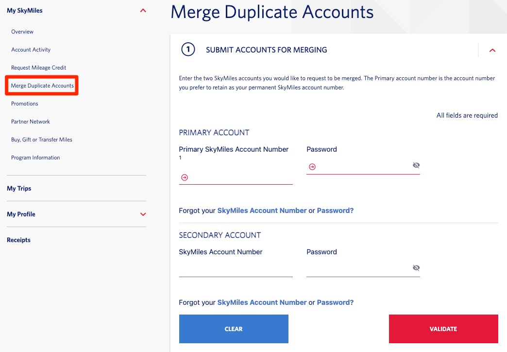 Screenshot of merging duplicate Delta SkyMiles accounts