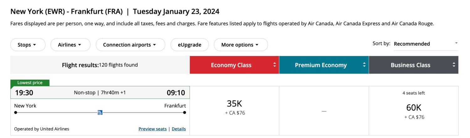 aeroplan newark to frankfurt