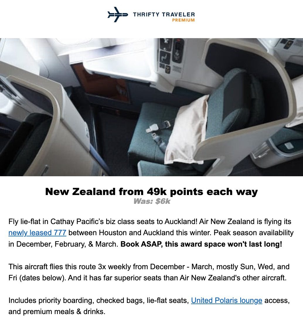 A Thrifty Traveler Premium flight deal for New Zealand from 49,000 points each way. Was $6,000. 