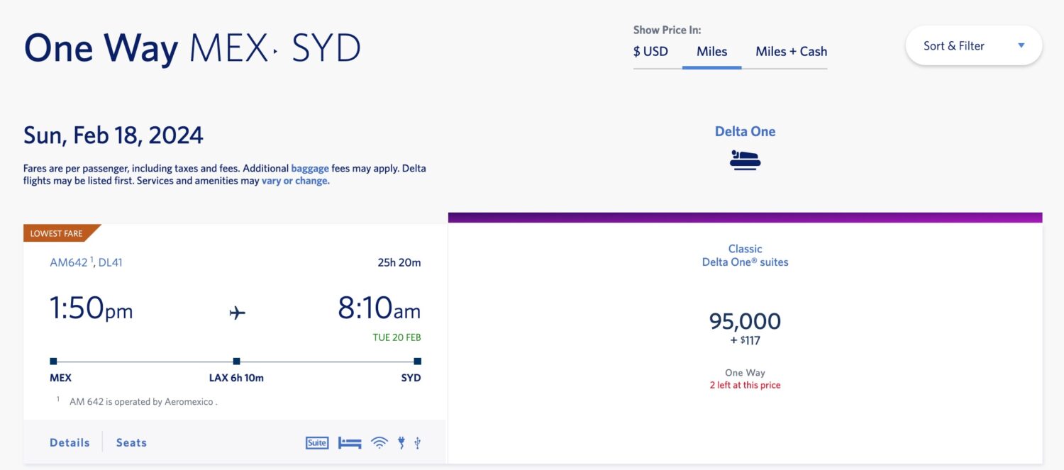 delta skymiles redemption mexico city to sydney 
