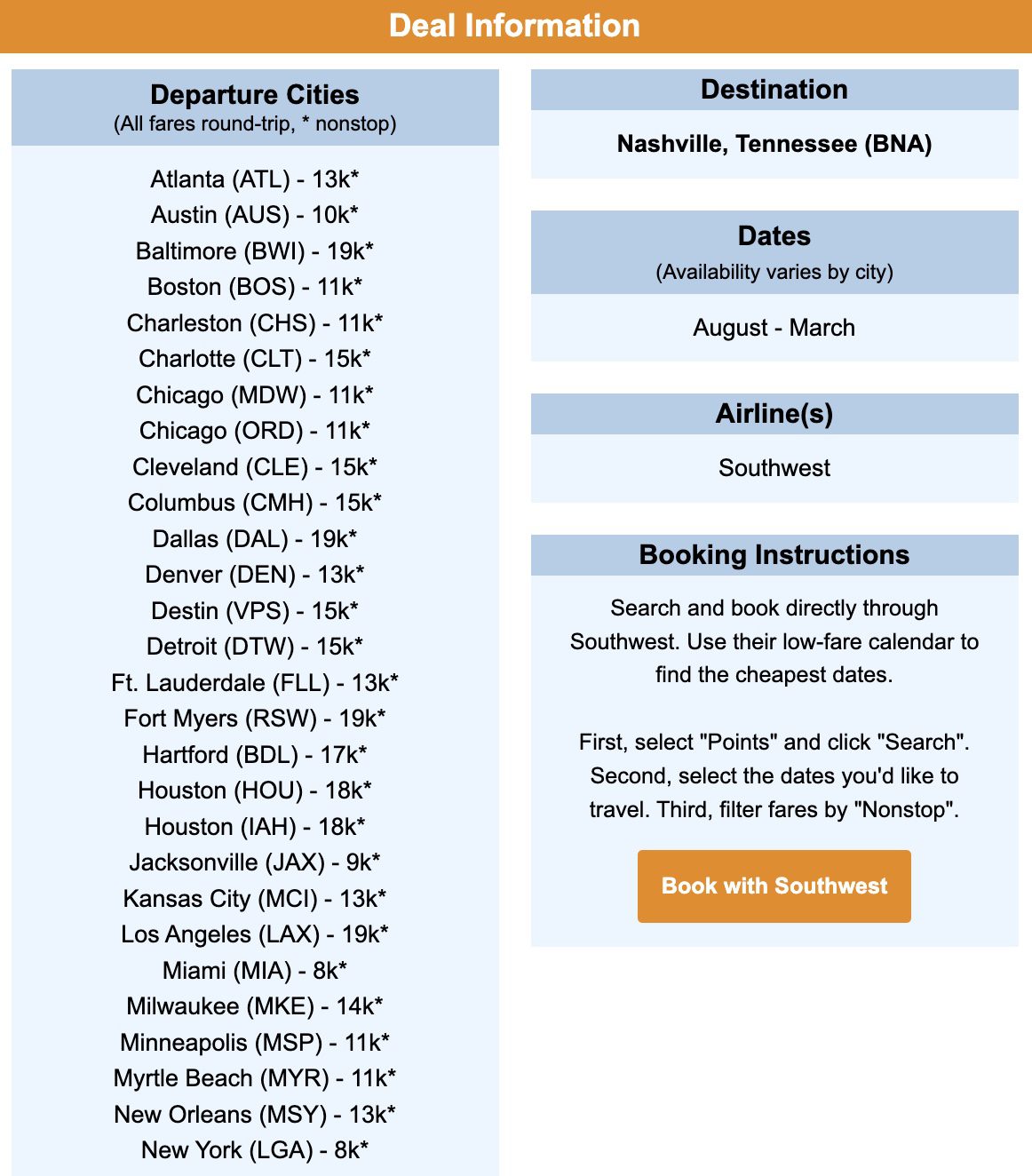 Nashville Rapid Rewards flight deal