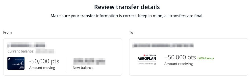 review transfer details for transferring 50,000 points from Chase to Air Canada Aeroplan with a 20 percent bonus