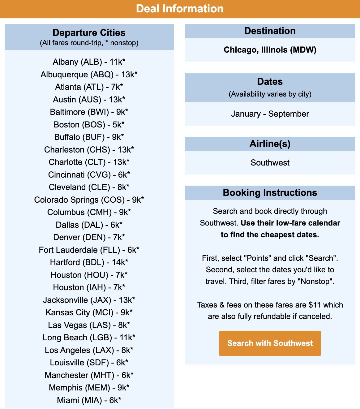 Chicago Rapid Rewards points flight deal