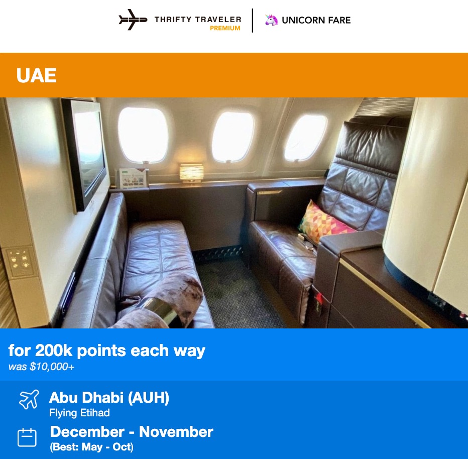 Thrifty Traveler Premium unicorn fare. Etihad First Class Apartment for 200,000 points each way 