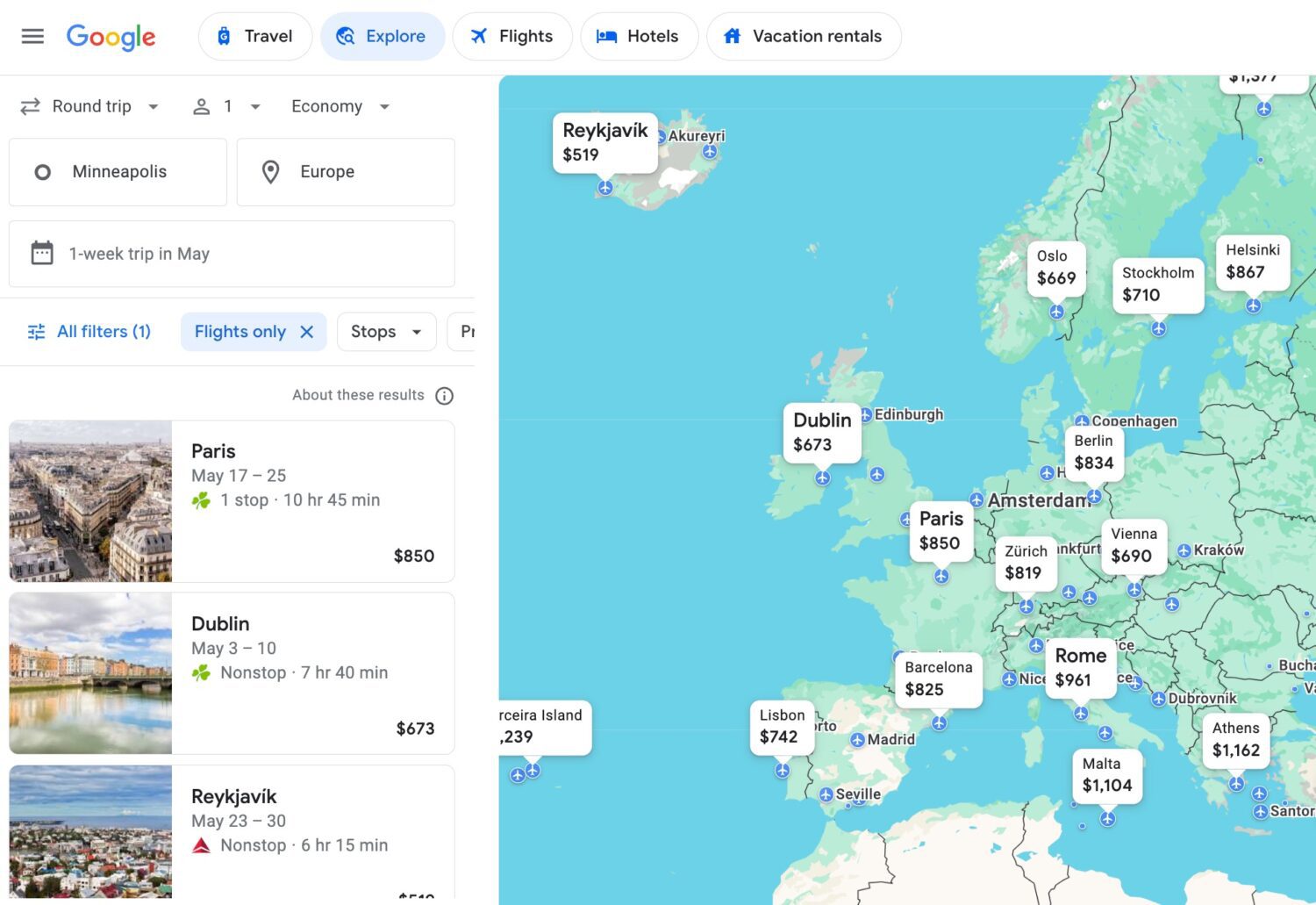 Google Flights Explore search for flights from Minneapolis to Europe in May