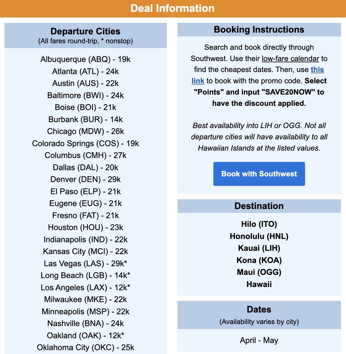 Hawaii Rapid Rewards flight deal