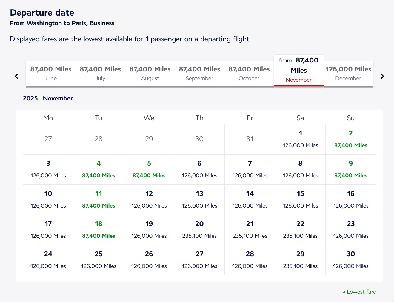 Calendar of award rates for an Air France business class flight from Washington, D.C.-Dulles Airport to Paris in November