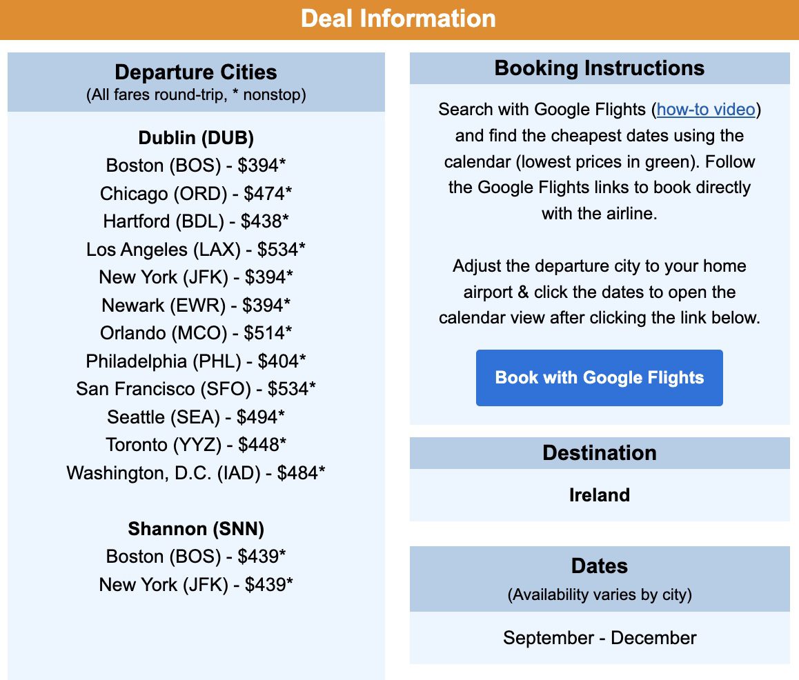 Ireland nonstop flight deal