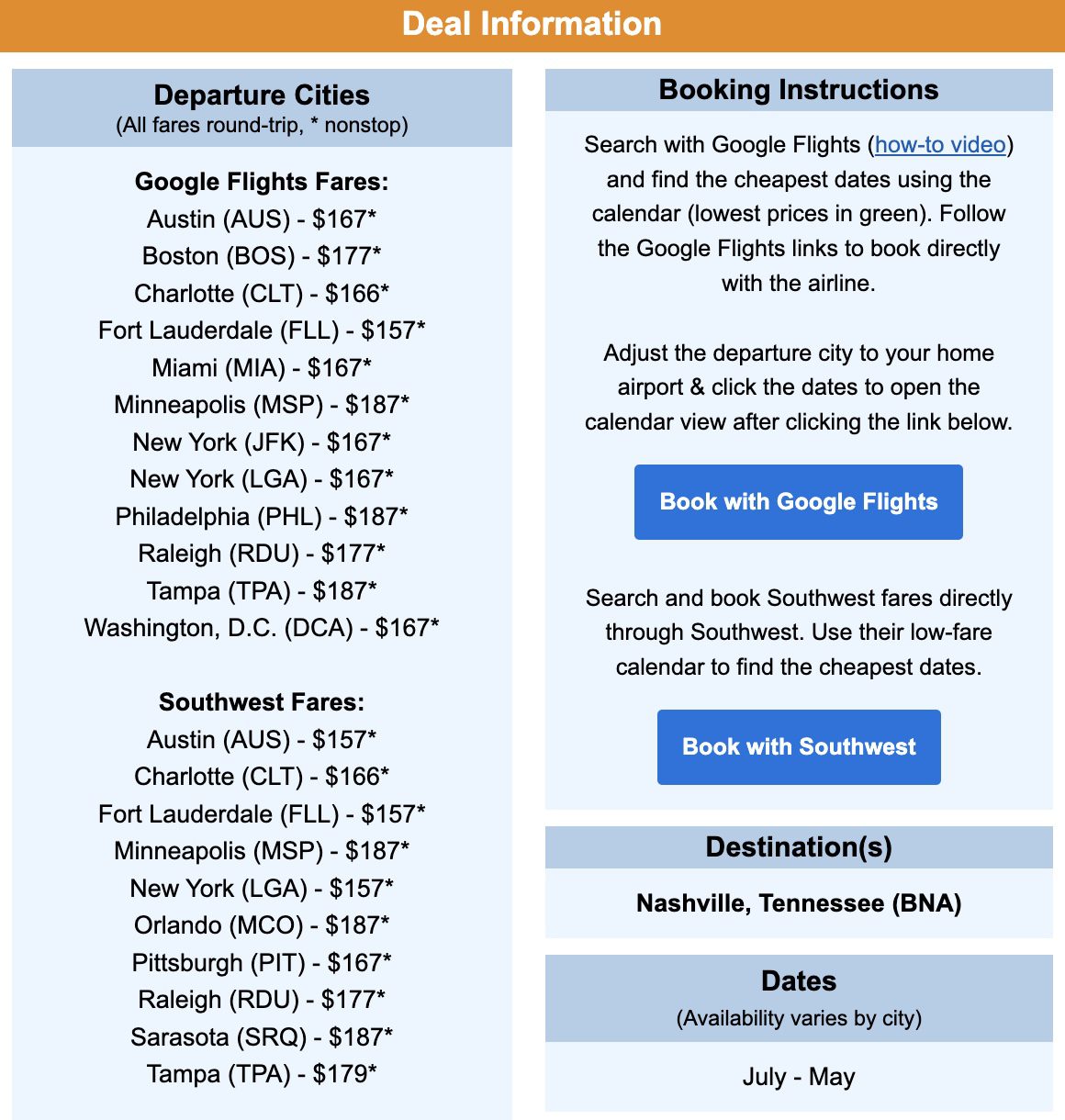 Nashville nonstop flight deal