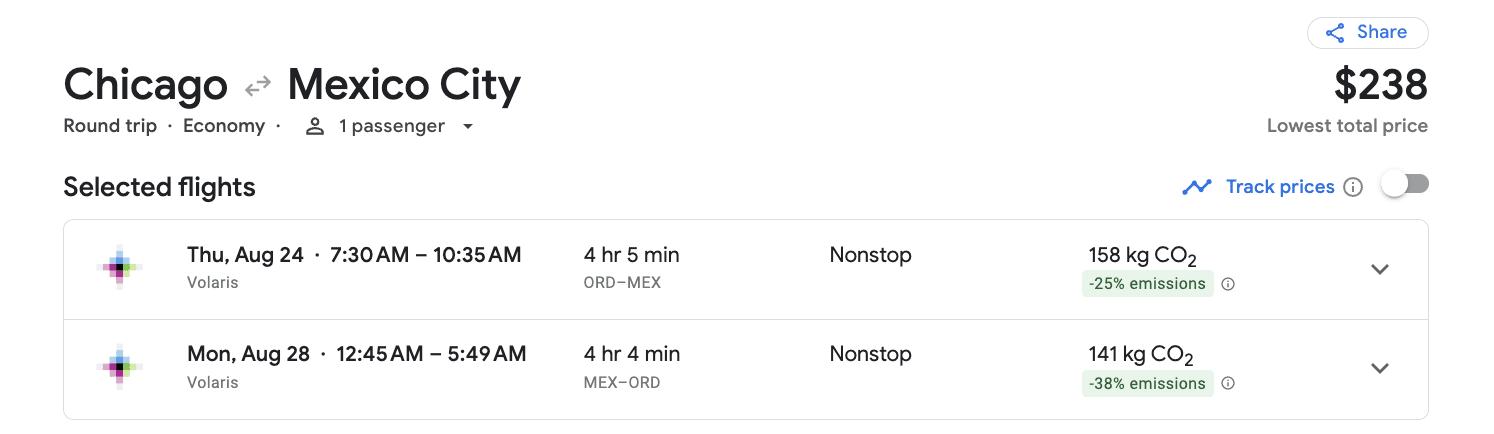 Google Flights search Chicago-Mexico City. 