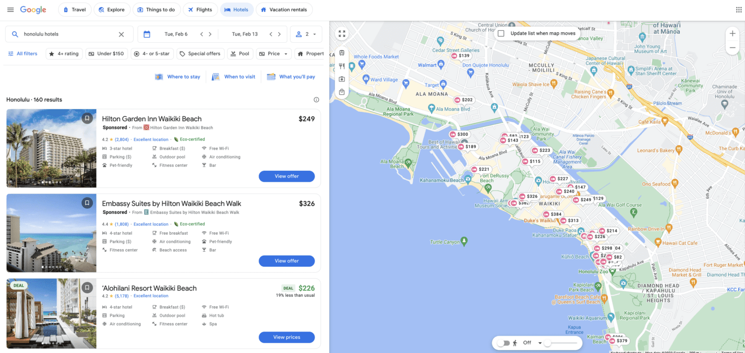 Google Hotels search results for Honolulu, Hawaii
