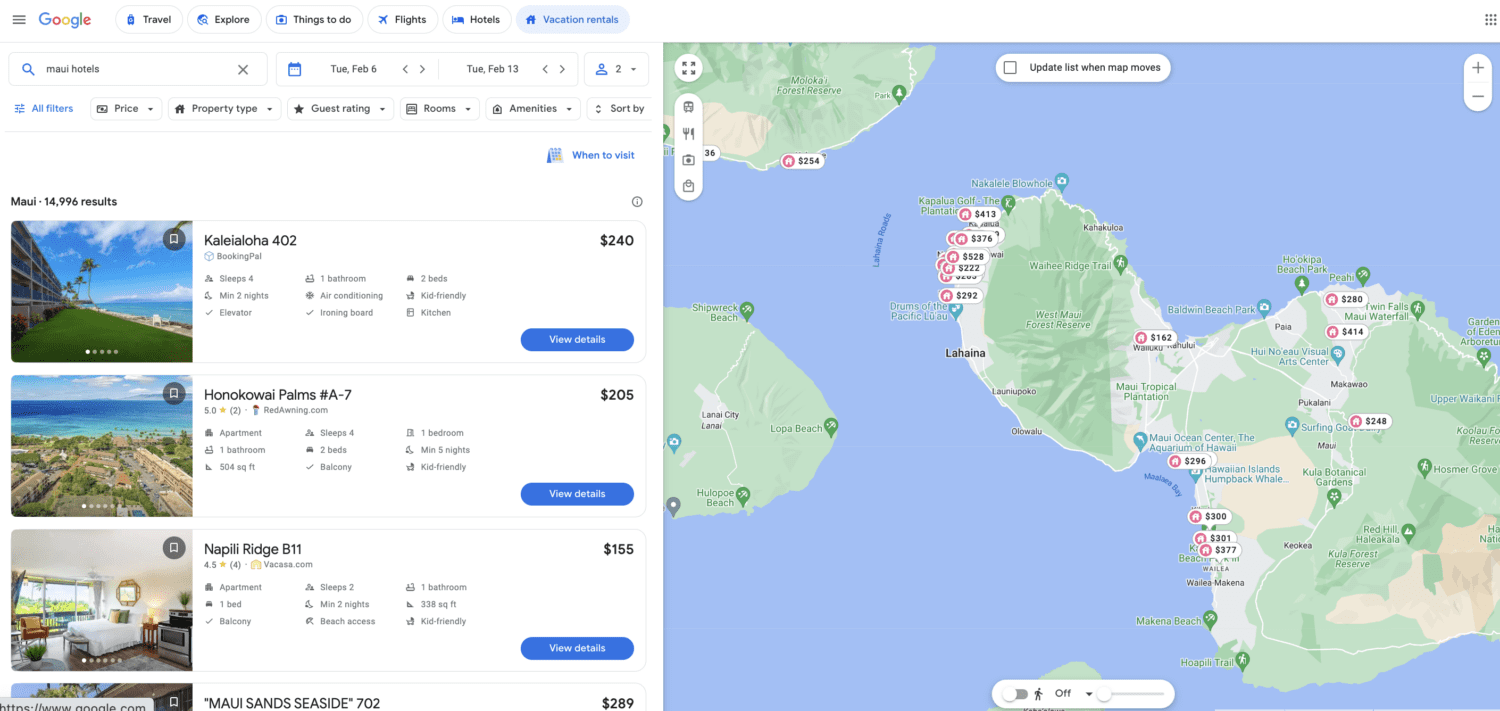 Google Hotels search results for Maui, Hawaii
