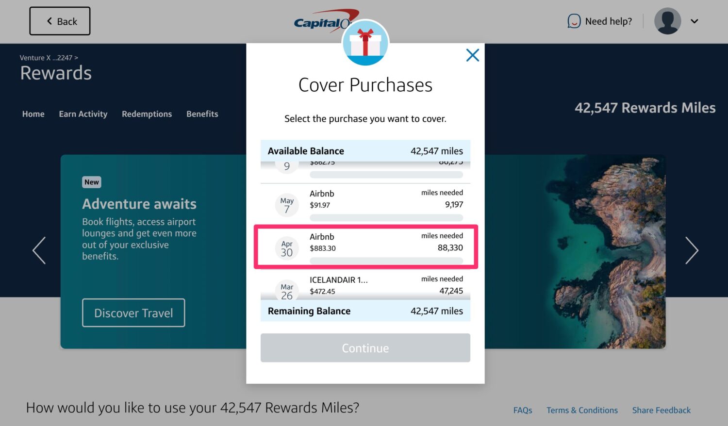 Example of using Capital One Venture Miles to cover an Airbnb stay