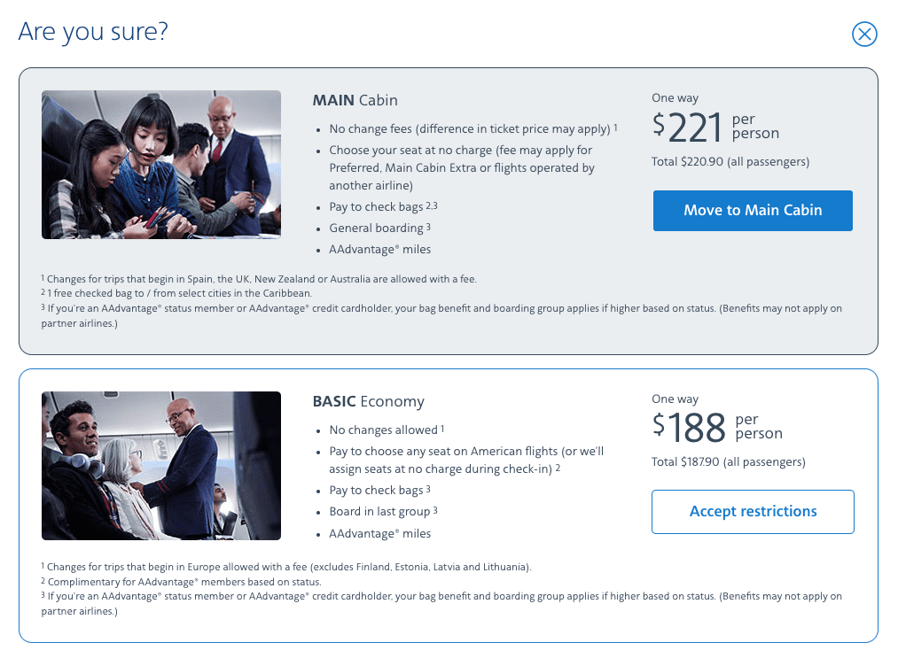 American Airlines upgrade to main cabin