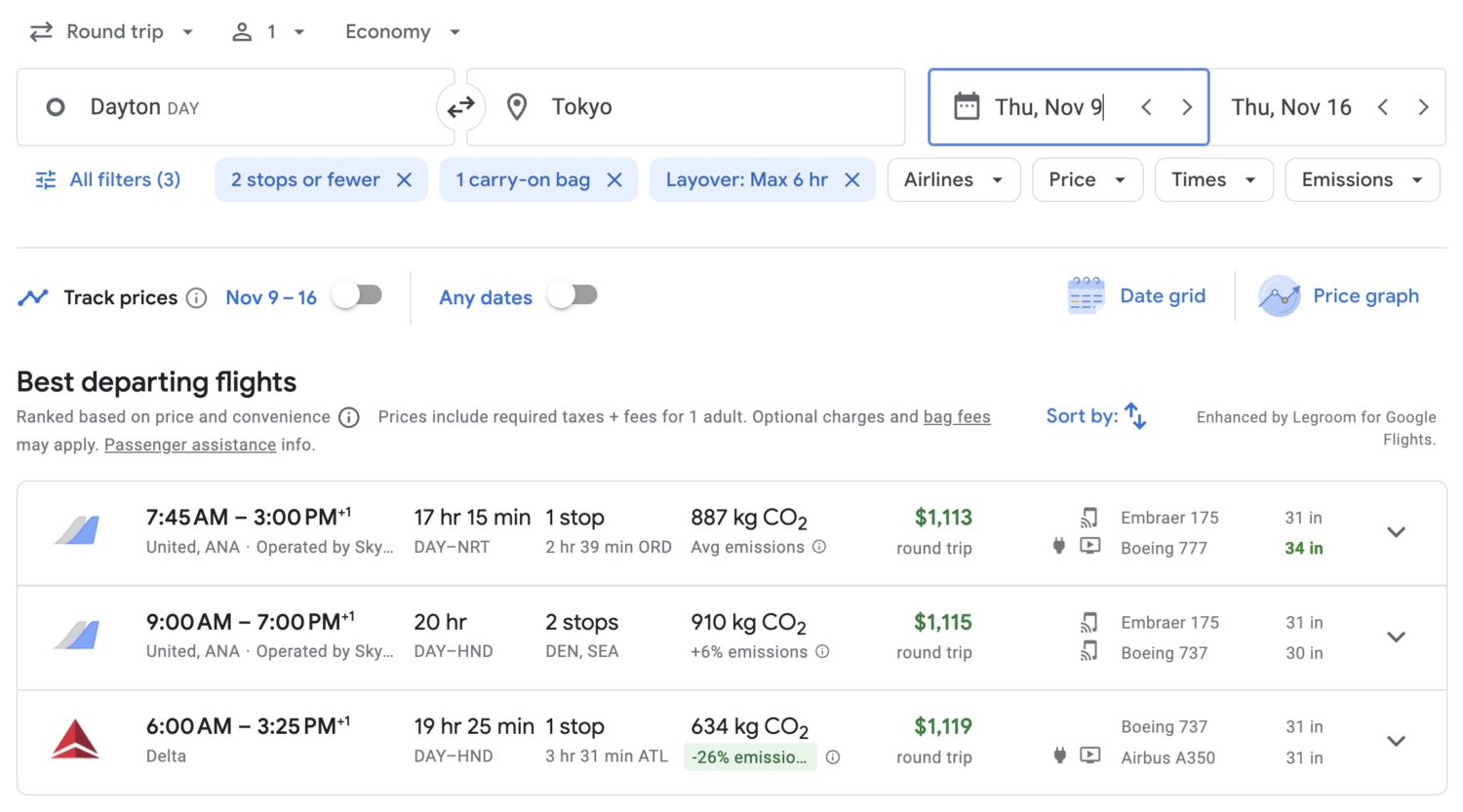 Tokyo airfare on Google Flights