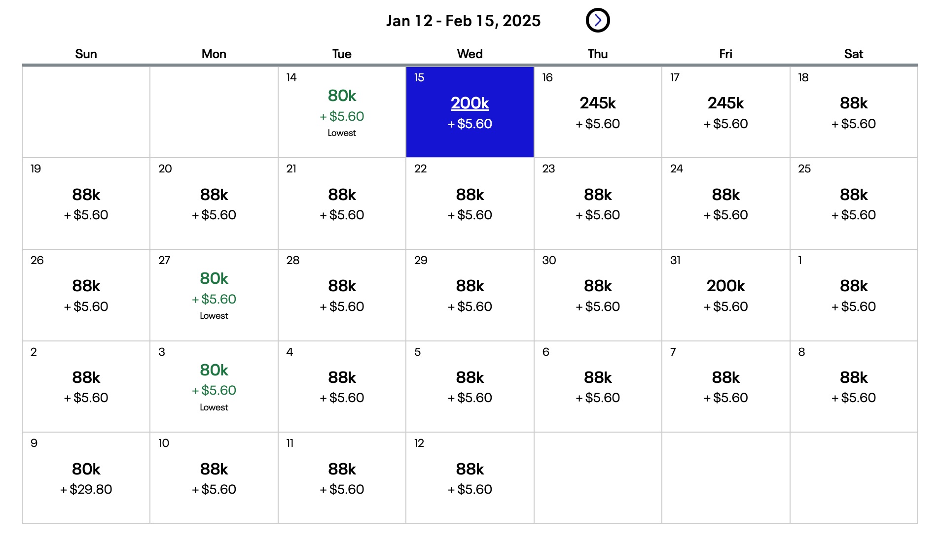 United Airlines price calendar for January 12th through February 15th