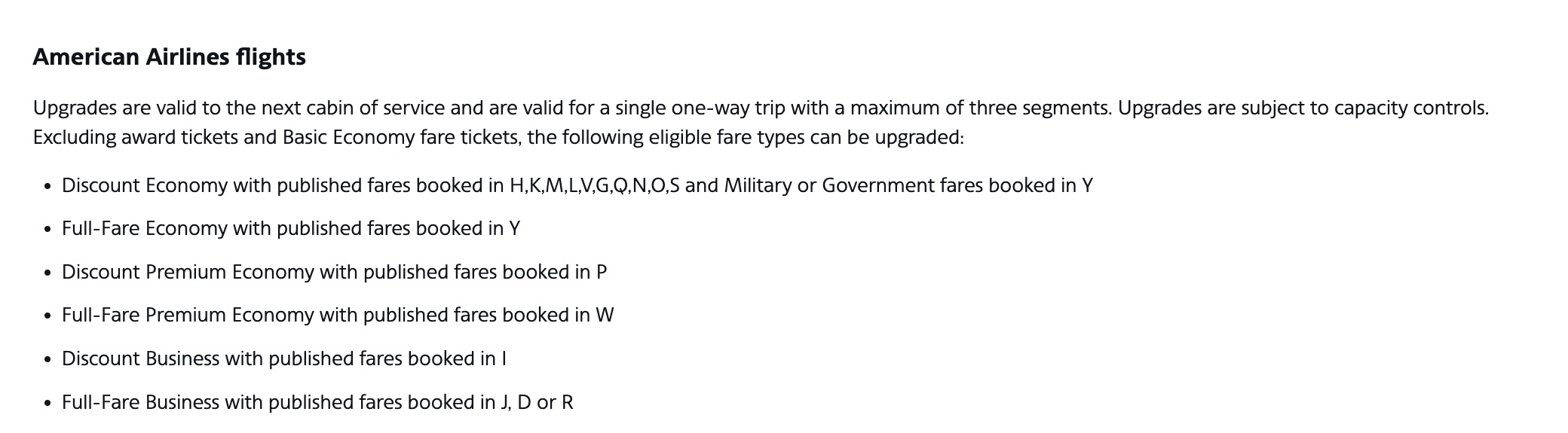 aa list of fares eligible for upgrades