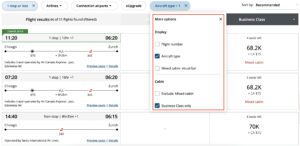 Aeroplan search filters for business and mixed cabin