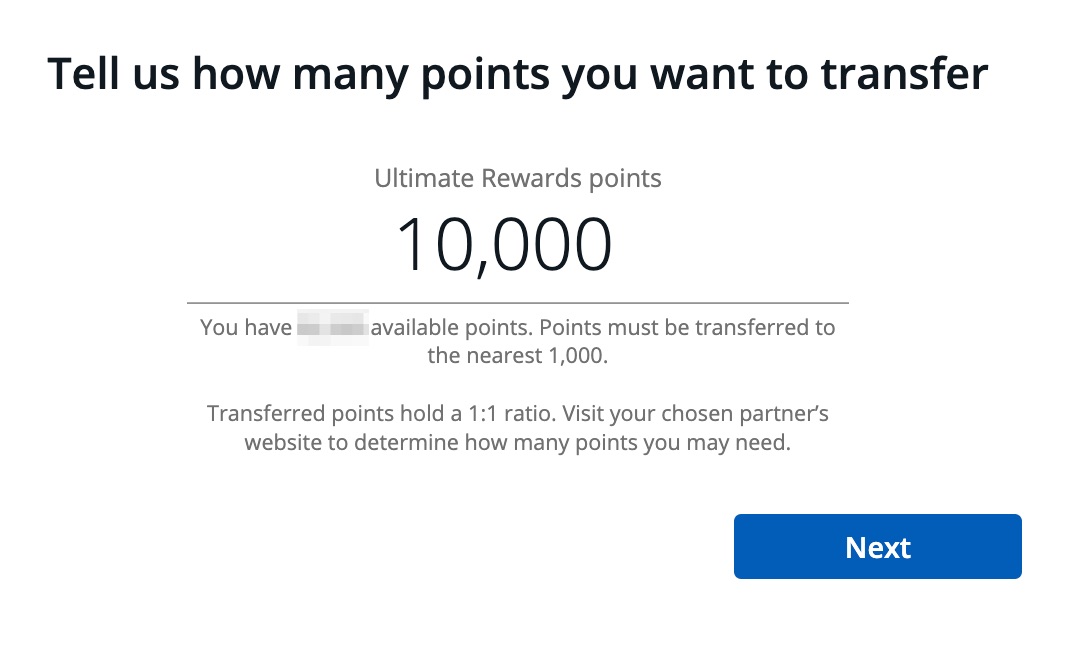 tell us how many points you want to transfer with 10,000 ultimate rewards points entered in the field