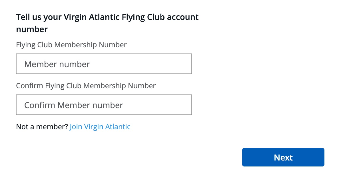 tell us your virgin atlantic flying club account number with fields and a next button
