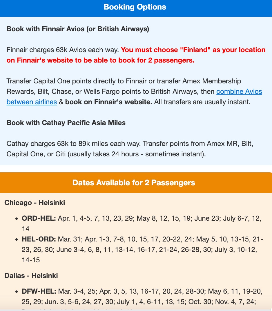 Booking options for Finnair business class. Book with Finnair Avios or Book with Cathay Pacific Asia miles. Dates available for two passengers. 