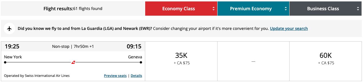 New York to Geneva flying Swiss buisness class with Aeroplan points