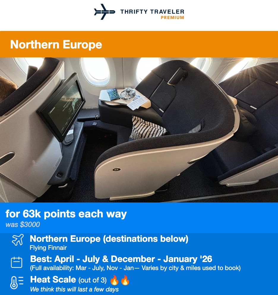 Thrifty Traveler Premium flight deal to Northern Europe. Finnair business class for 63,000 points each way. 