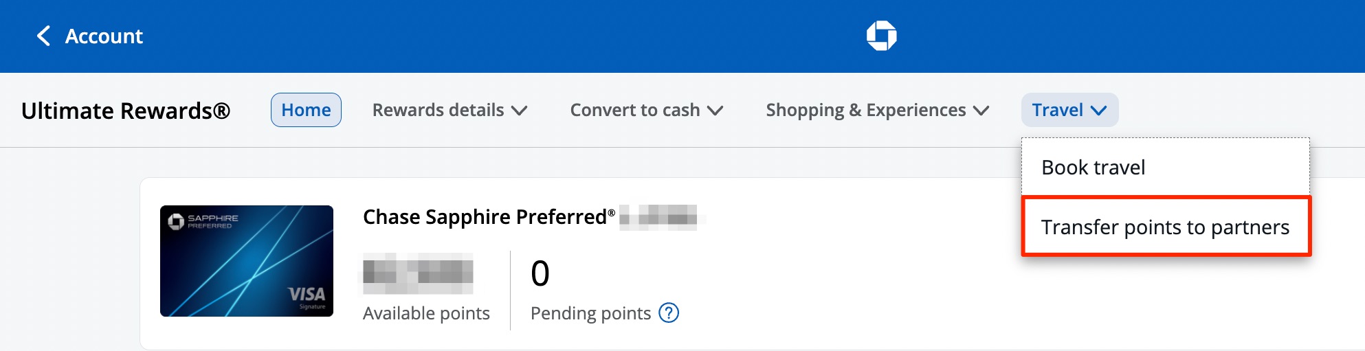 chase credit card dashboard showing a sapphire preferred card and the option to transfer points to partners
