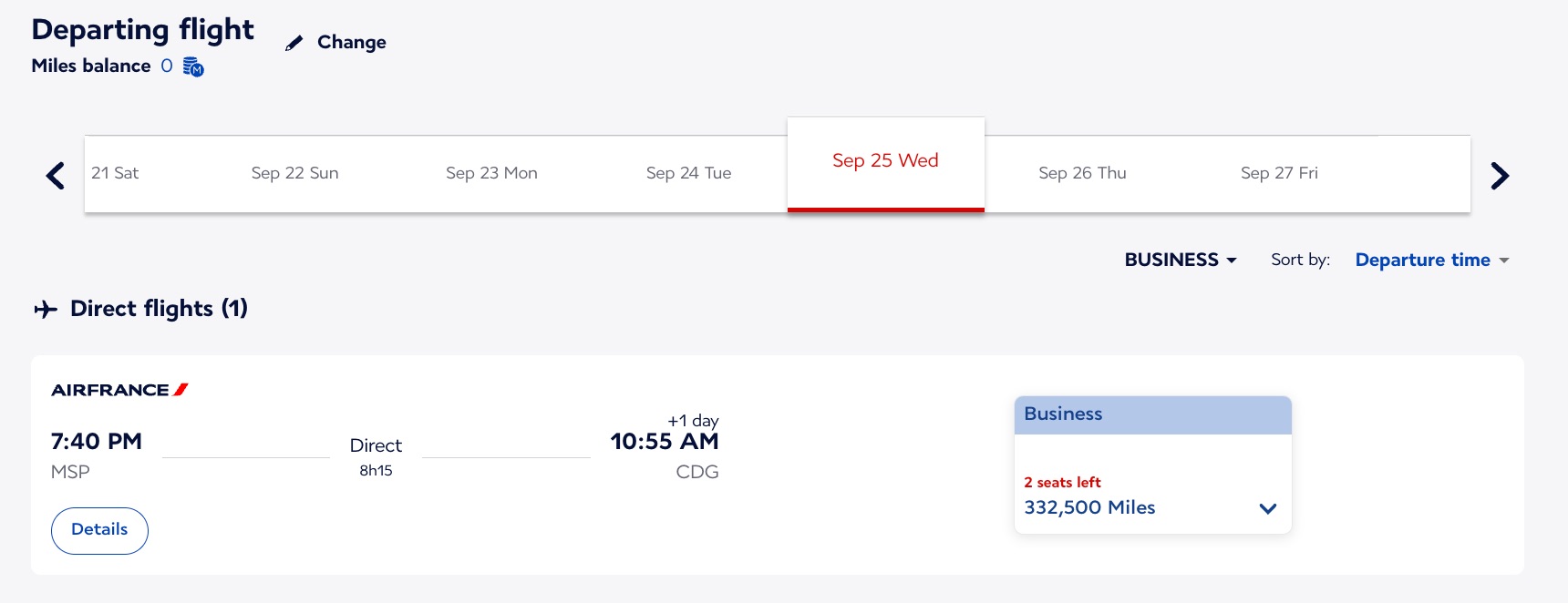 Air France business class redemption from minneapolis to paris for 332,500 miles