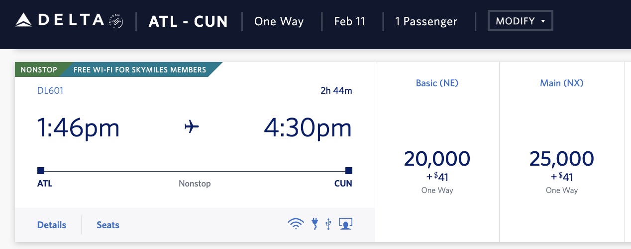one-way delta flight from atlanta to cancun on february 11th for 20,000 skymiles in basic economy or 25,000 in main cabin