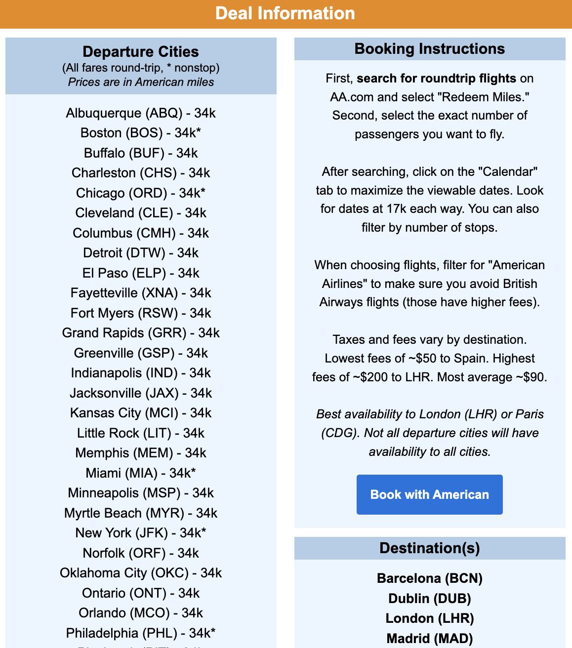 Europe flight deal information