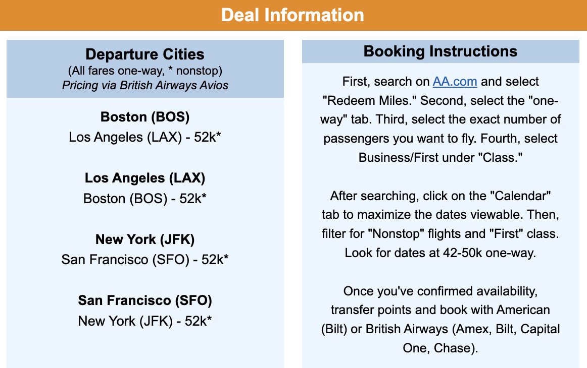 First Class flight deal information